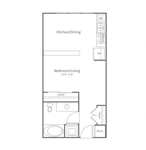 Floor plan for studio, 1 bath, 637 sqft